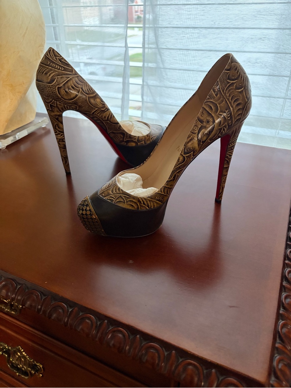 Authentic Christian Louboutin Lady Peep 150 Santa Fe Bronze Embossed Platform